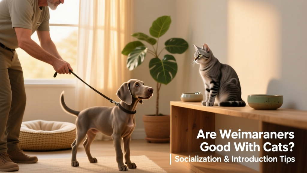 A trainer guiding a Weimaraner puppy on a leash while a cat observes calmly from a nearby shelf