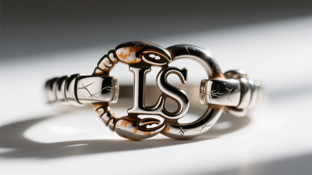 Macro shot of a vintage jewelry lobster clasp stamped with an interlocking LS logo, showing slight patina on the rhodium plating