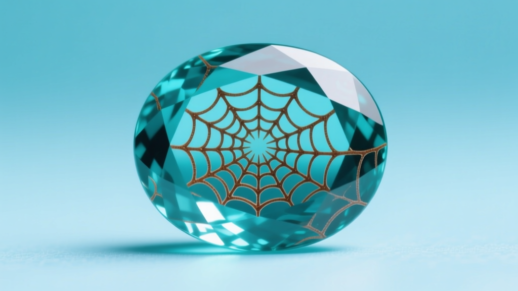 Macro shot of a stabilized turquoise cabochon showing intricate brown spiderweb matrix against a bright robin-egg blue background.