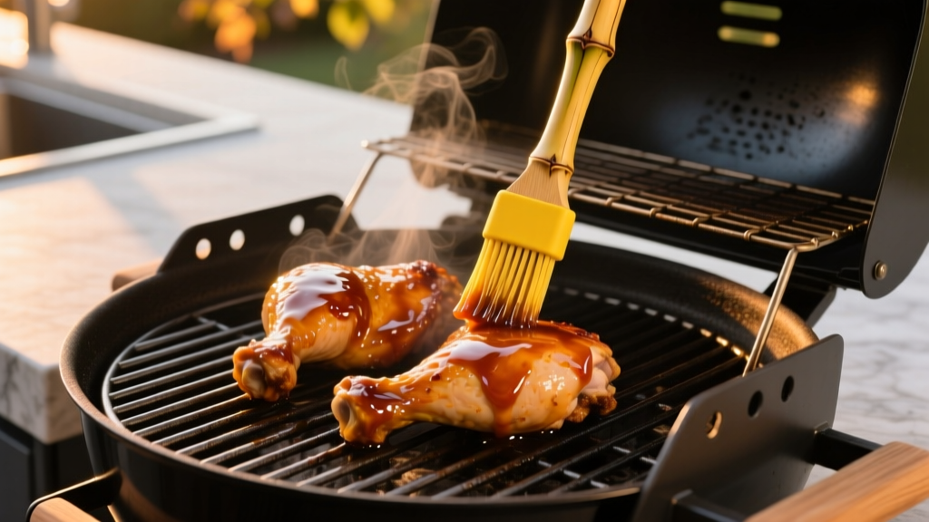 Overhead shot of a yellow bamboo-handled basting brush applying amber BBQ glaze to chicken thighs on a pellet smoker grill at sunset