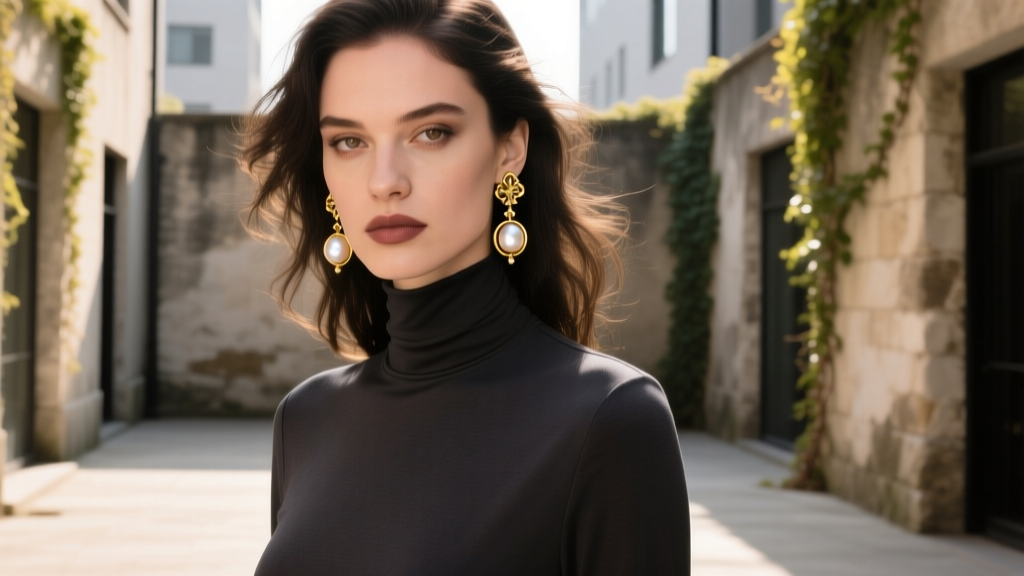 Woman wearing subtle gold baroque pearl drop earrings with a dark turtleneck, showing an everyday avant-garde witchy fashion style