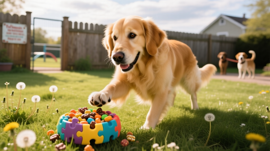 A dog happily engaged with a puzzle toy filled with treats in a calm, grassy backyard