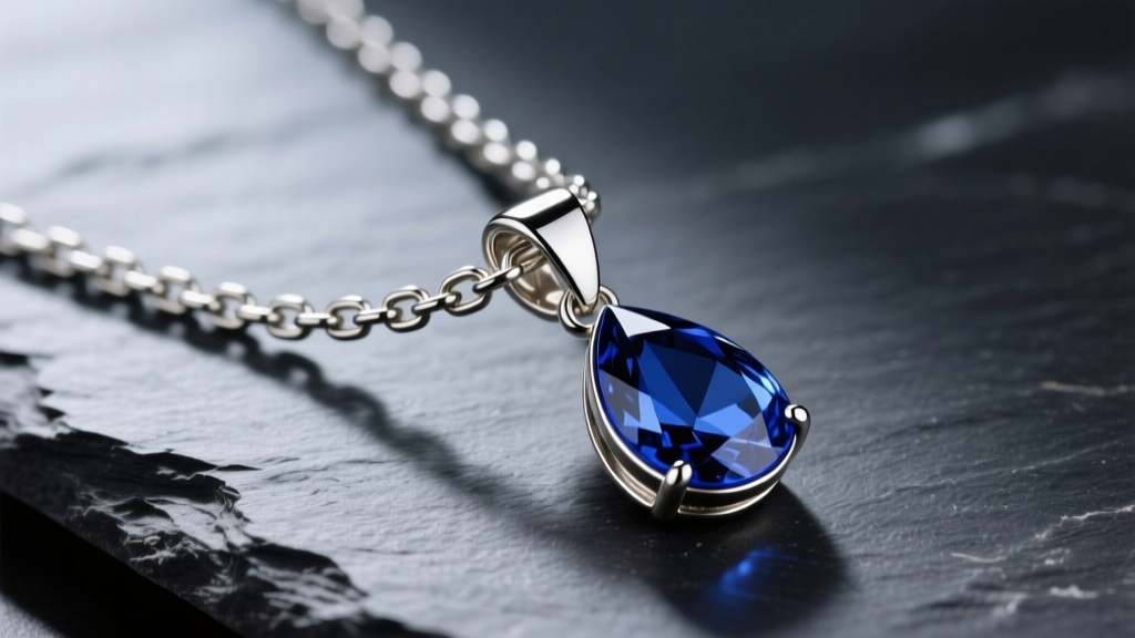 Macro shot of a 1.2mm rolo chain and lobster clasp attached to a sapphire teardrop pendent necklace resting on dark slate
