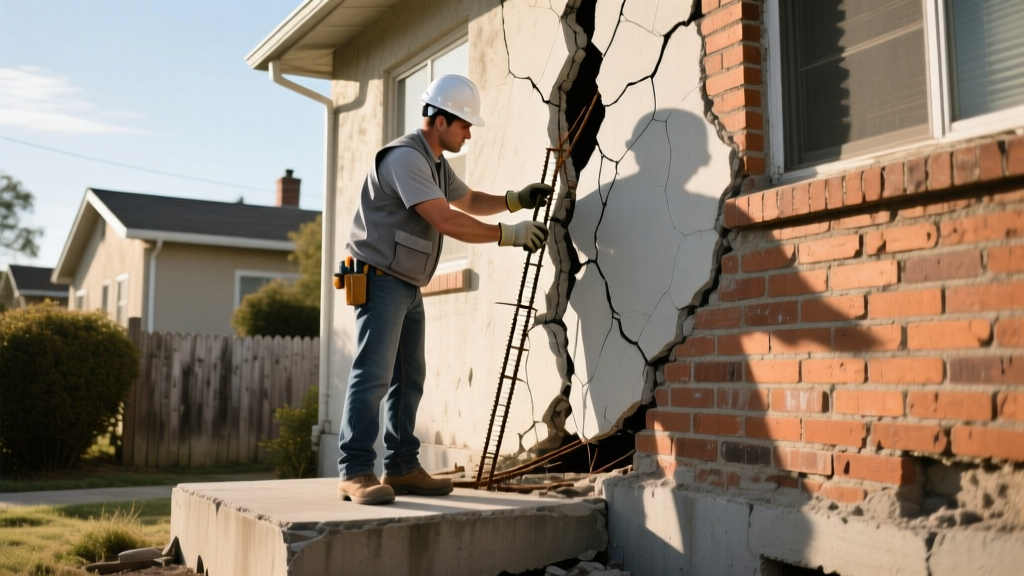 Structural engineer inspecting a cracked brick facade and exposed concrete slab foundation in a San Antonio residential neighborhood