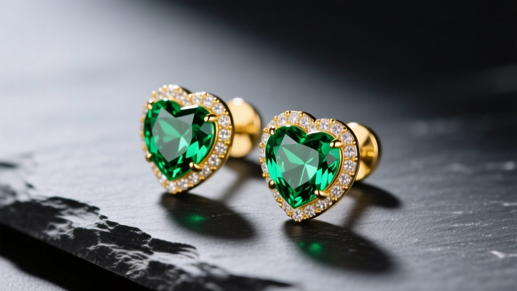 18k yellow gold stud earrings with bezel-set tsavorite green heart gemstones on dark slate under soft directional lighting