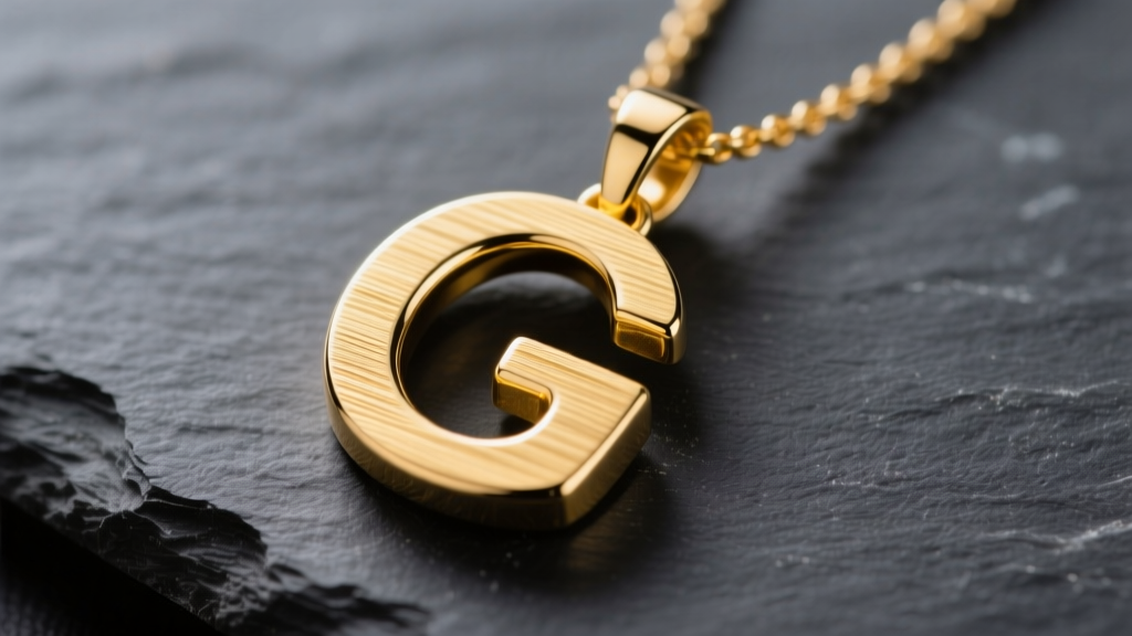 Macro shot of a solid 14k yellow gold letter G pendant necklace on dark slate, highlighting brushed metal texture and crisp edges