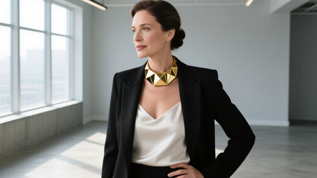 Professional woman in a black blazer and white silk camisole, elegantly wearing a chunky gold-tone St John collar necklace.