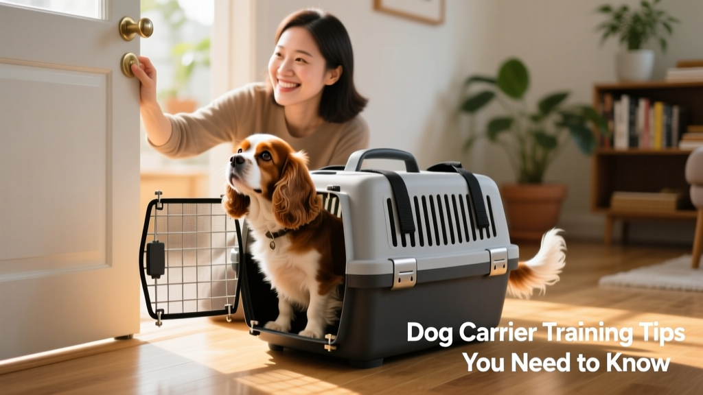 A smiling owner gently closing the door of a secure, airline-approved carrier as their relaxed dog looks up expectantly