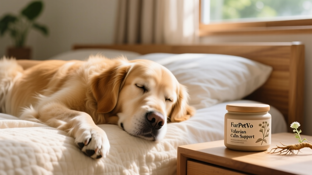 Calm golden retriever lying peacefully on a cozy bed beside a small jar labeled 'FurPetVo Valerian Calm Support'