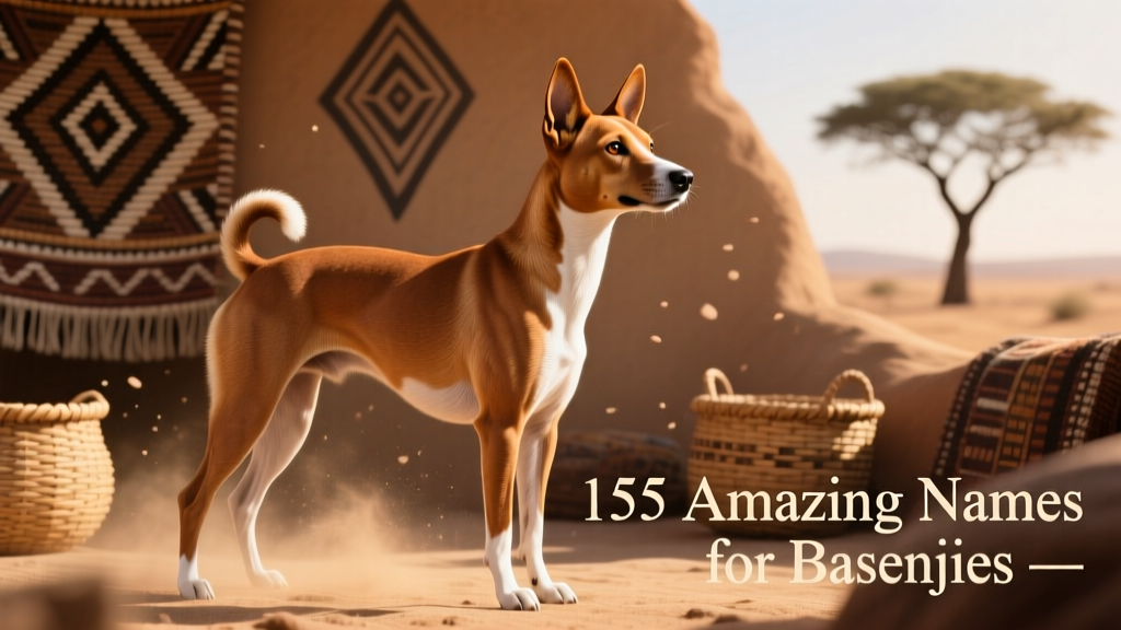 A poised, alert Basenji standing elegantly against a sunlit African-inspired backdrop
