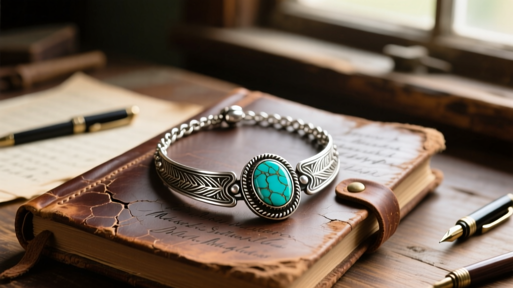 Handcrafted Montana Silversmith sterling silver necklace with turquoise inlay resting on a worn leather journal in warm sunlight