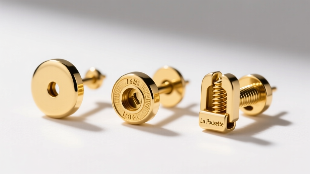 Macro view comparing a standard friction earring back, a secure screw-back, and a La Pousette locking clutch crafted in 14k gold.