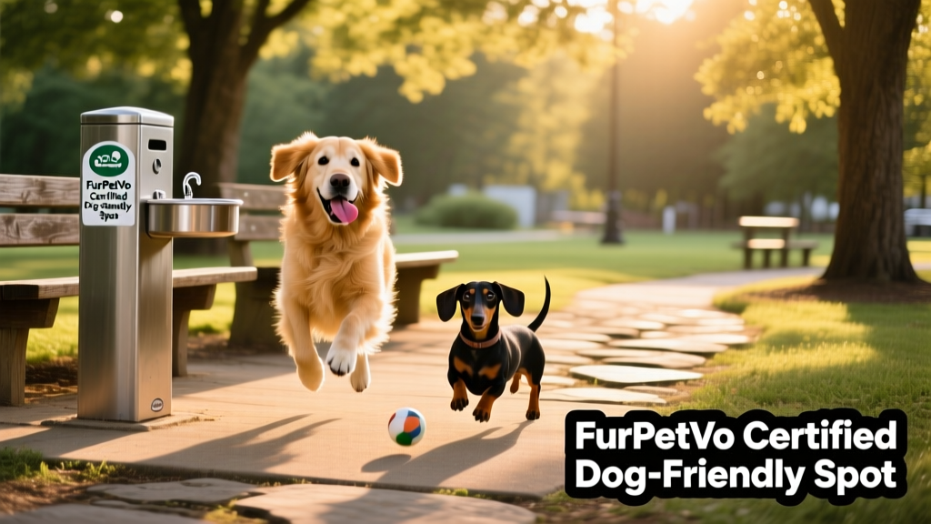 Two dogs playing side-by-side in a shaded, fenced off-leash area with benches, water stations, and a 'FurPetVo Certified Dog-Friendly Spot' sign visible