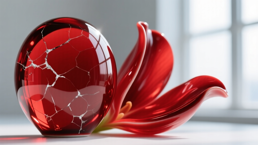 Macro comparing the glass surface of fired red vitreous enamel against the domed, glossy finish of red epoxy resin floral petals.
