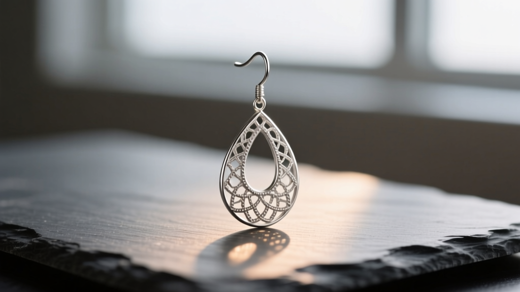 Side view of a restored sterling silver drop earring with filigree details resting on a dark slate surface reflecting soft light.