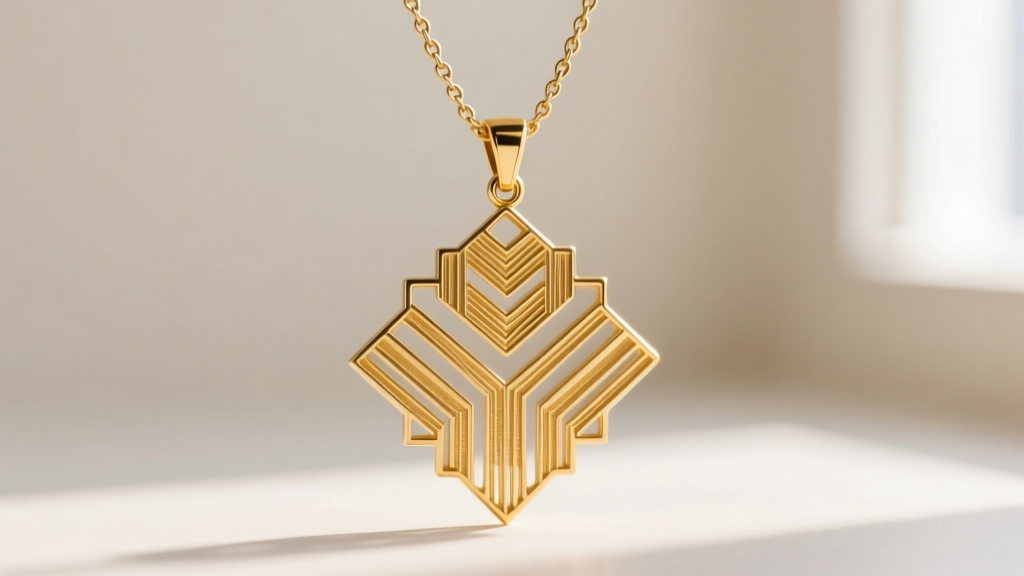 Macro shot of a vintage 22k gold filigree pendant featuring geometric Art Deco motifs, hanging from a delicate rope chain.