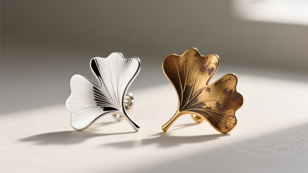 Sterling silver and brass ginko leaf earrings side-by-side, showing slight patina on brass and bright polish on silver.