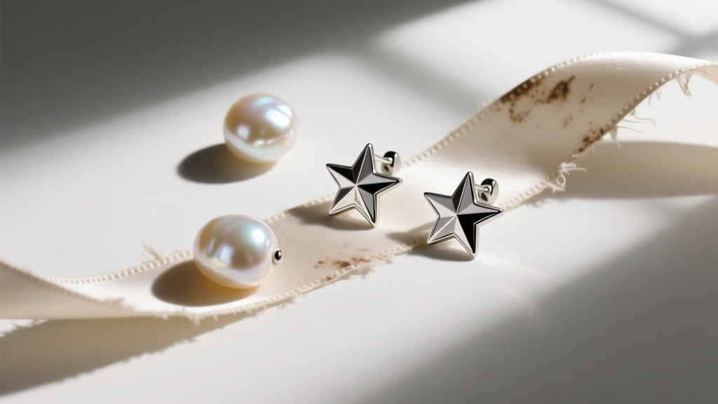 Flat lay of irregular freshwater pearl and silver star earrings on a worn silk ribbon, shot from above in soft natural window light