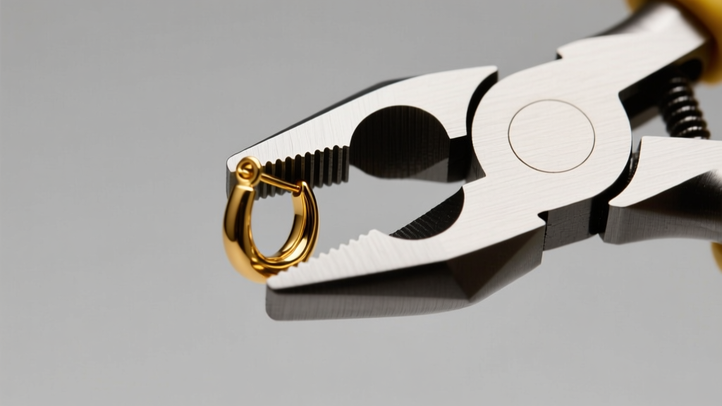 Close-up of nylon jaw pliers gripping a 20-gauge gold earring post, showing safe repair techniques under bright studio lighting