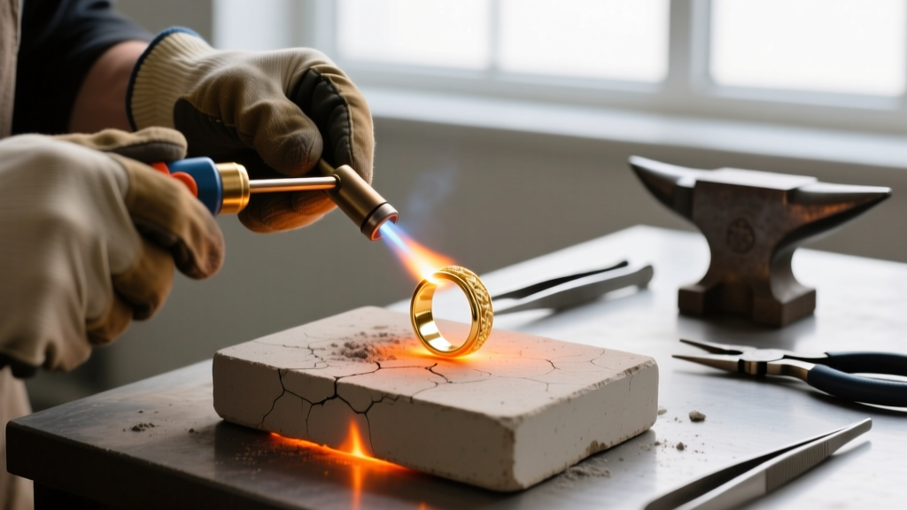 Jeweler using a butane torch to anneal a 14k gold band, showing the glowing orange metal resting on a ceramic firebrick surface