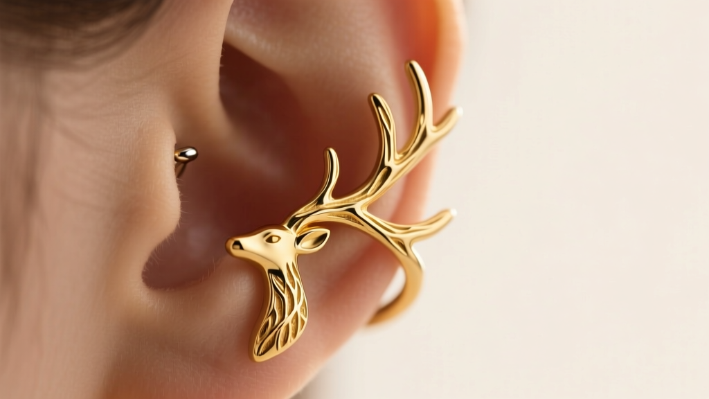 Side view of 18g gold-plated deer ear cuffs on cartilage, showing intricate branch textures under warm, diffused studio lighting.