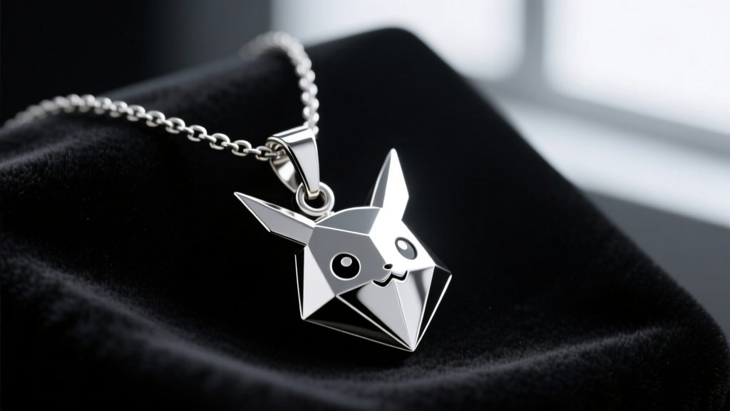 Macro shot of a geometric Pokémon N necklace pendant resting on black velvet, highlighting sharp metallic angles and deep shadows