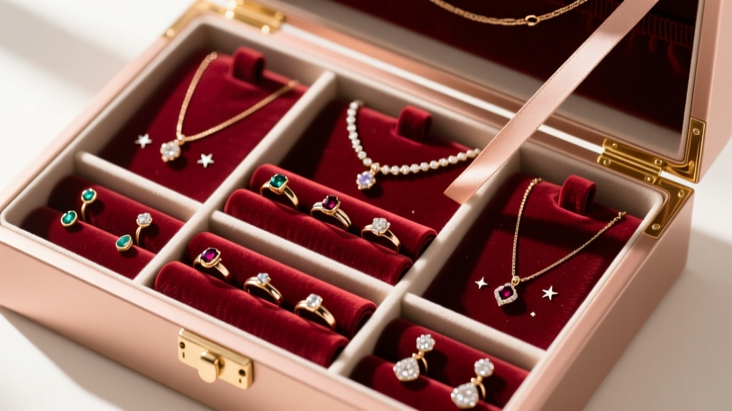 Overhead view of a rose jewelry box interior featuring velvet ring rolls, an earring grid, and snap-tight necklace straps.