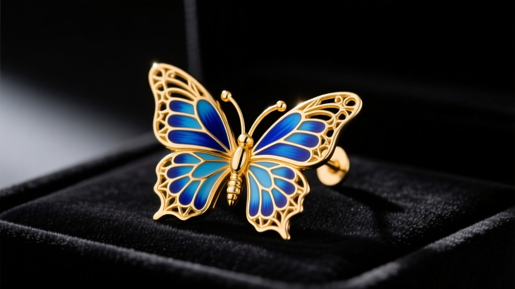 Close-up of gold large butterfly earrings on dark velvet, showing blue enamel wing patterns and delicate filigree metal details.