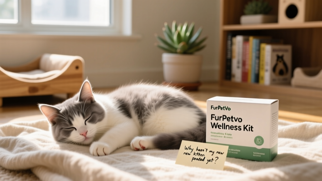 A calm kitten resting comfortably after a successful veterinary visit, with a FurPetVo wellness kit visible nearby