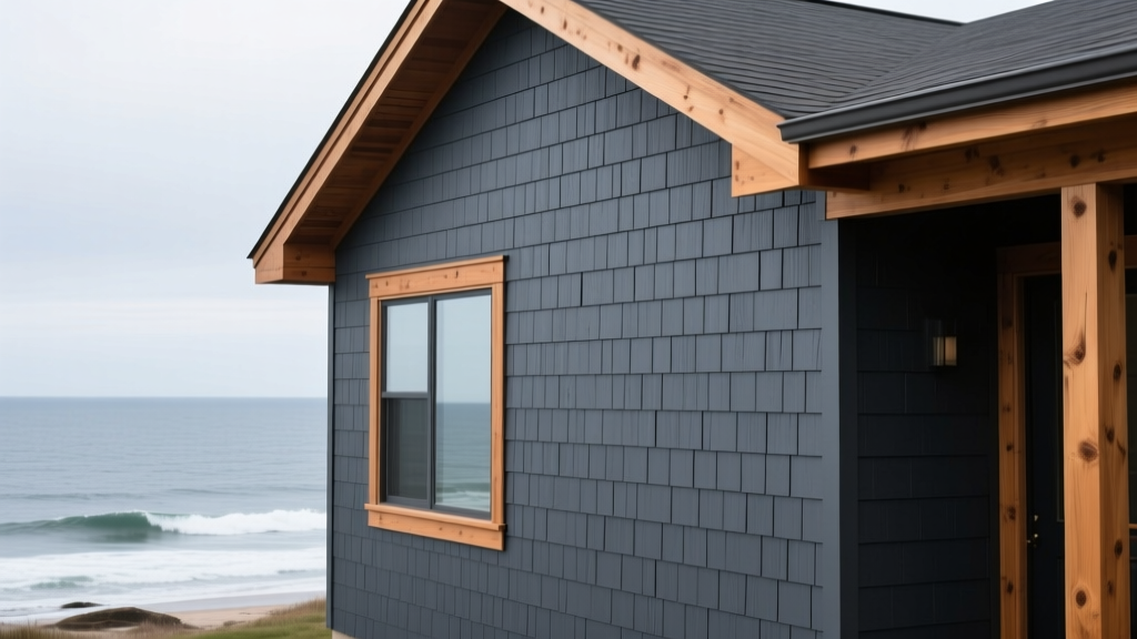 Textured fiber cement siding planks in slate gray installed on a coastal New England home with cedar trim and ocean background