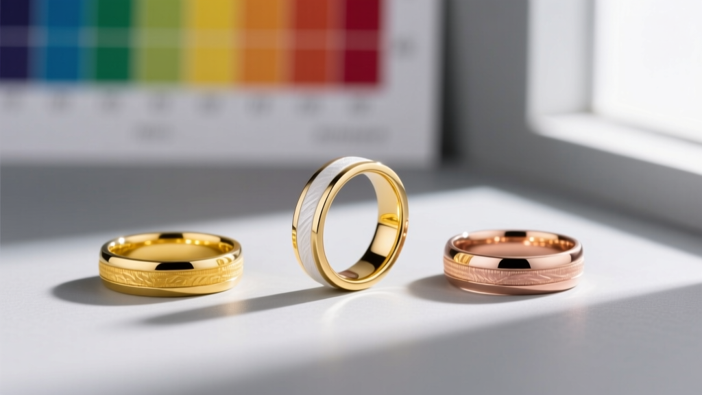 Three gold alloy rings in yellow, white, and rose on a gray surface with a blurred color spectrometer chart in the background.