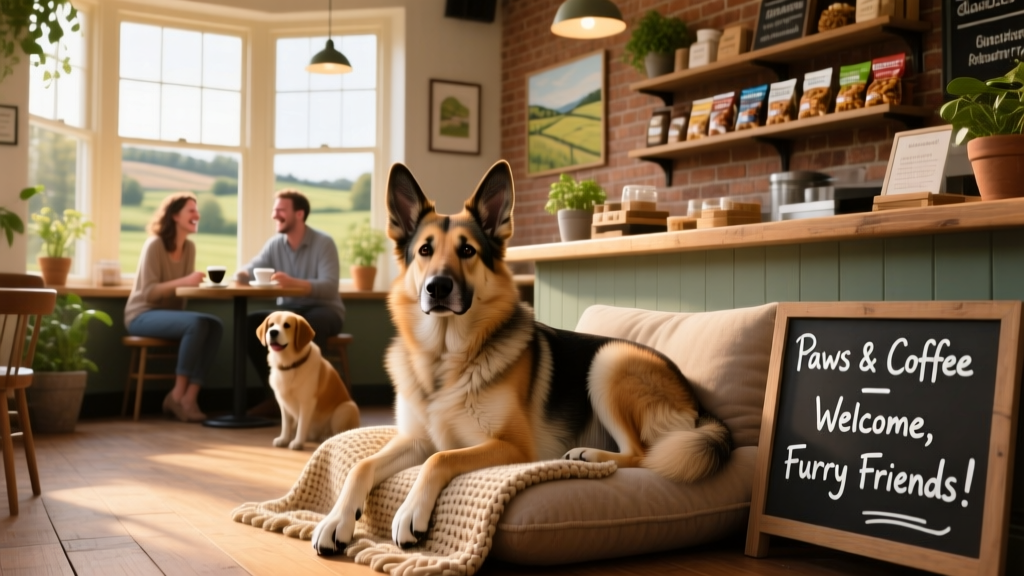 A friendly shepherd dog resting comfortably inside a sunlit, dog-friendly cafe in Stroud