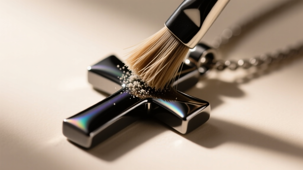 Close-up of a soft-bristled brush gently scrubbing the intricate crevices of a thick PVD-coated stainless steel cross pendant.