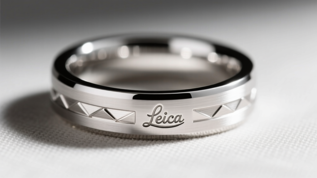 Close-up of a modern bespoke platinum wedding band featuring an intentionally exposed stylized maker hallmark on the outer edge.