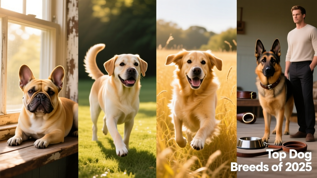 Side-by-side portraits of four popular breeds: a French Bulldog resting on a windowsill, a Labrador Retriever mid-wag, a Golden Retriever running through golden grass, and a German Shepherd standing alertly beside its owner