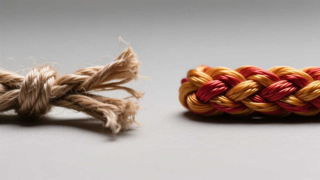 Side-by-side macro comparison of frayed natural silk cord and pristine braided nylon beading thread under bright studio lighting.