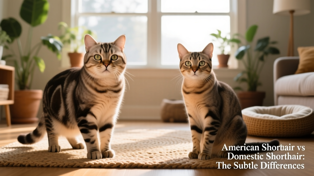 Side-by-side comparison of an American Shorthair and a Domestic Shorthair, highlighting subtle differences in build and facial structure