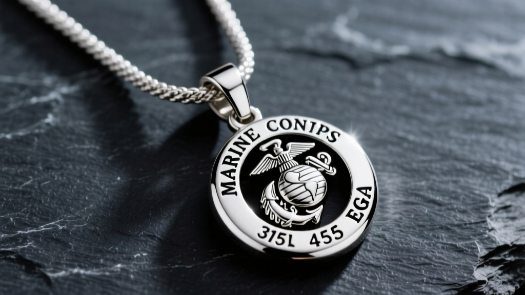 Close-up of a polished 316L stainless steel Marine Corps EGA pendant resting on a 4mm rope chain against a dark slate background.