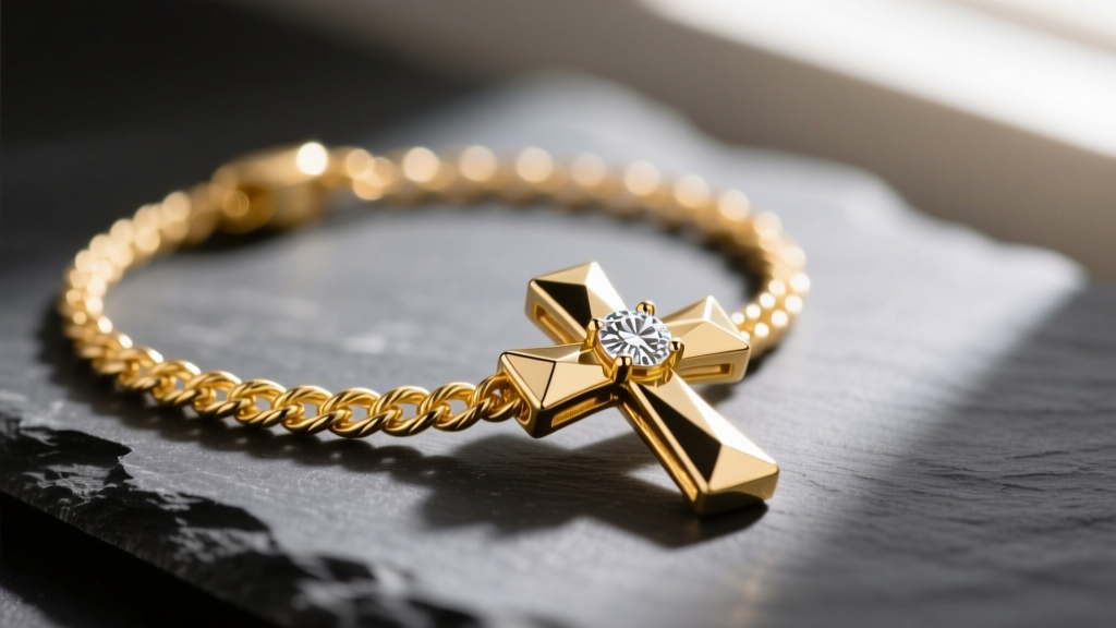 Close-up of a 14k yellow gold rope cross necklace on dark slate, highlighting the twisted chain texture and diamond-cut cross pendant.