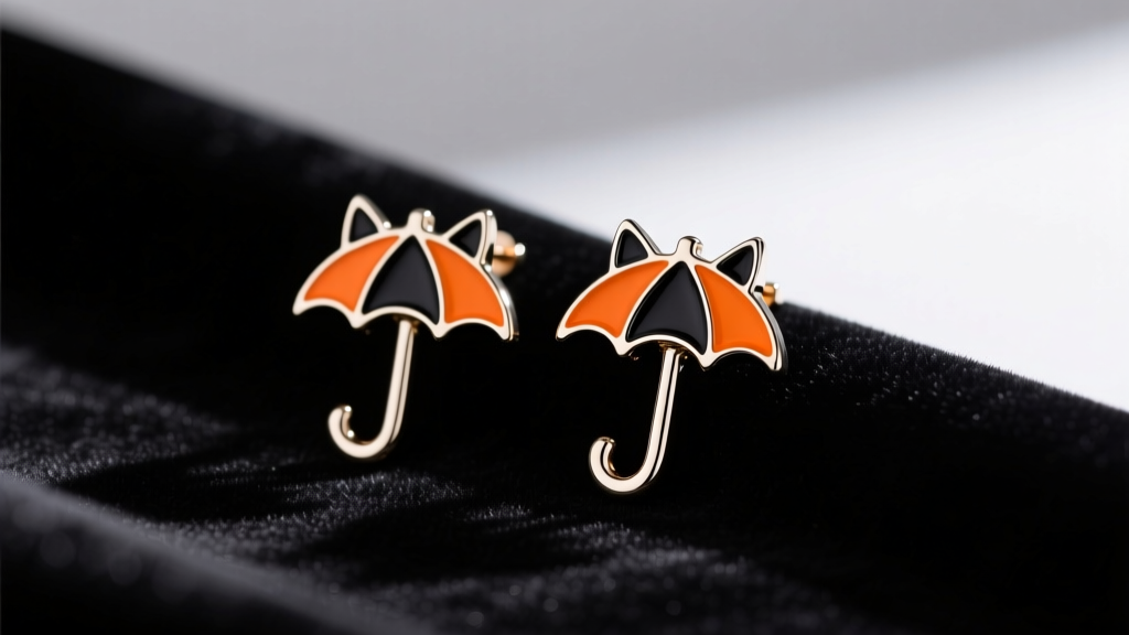 Macro photo of halloween umbrella cat earrings in polished steel with black and orange enamel details resting on dark velvet fabric