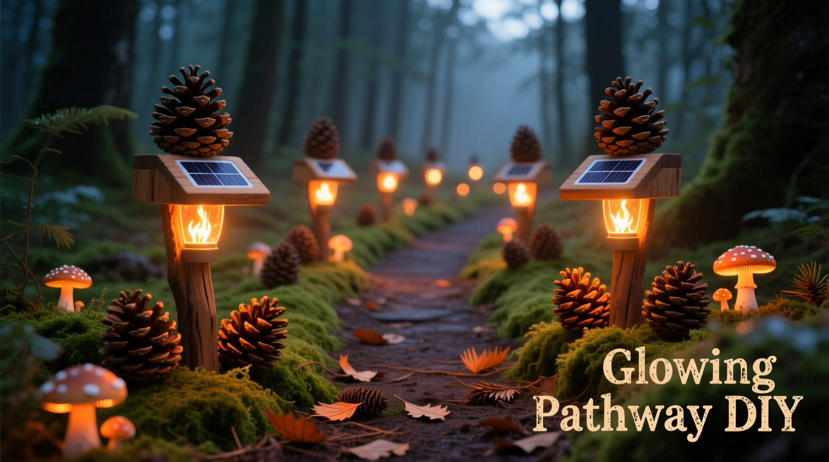 how to make a glowing pathway using solar stake lights and pinecones