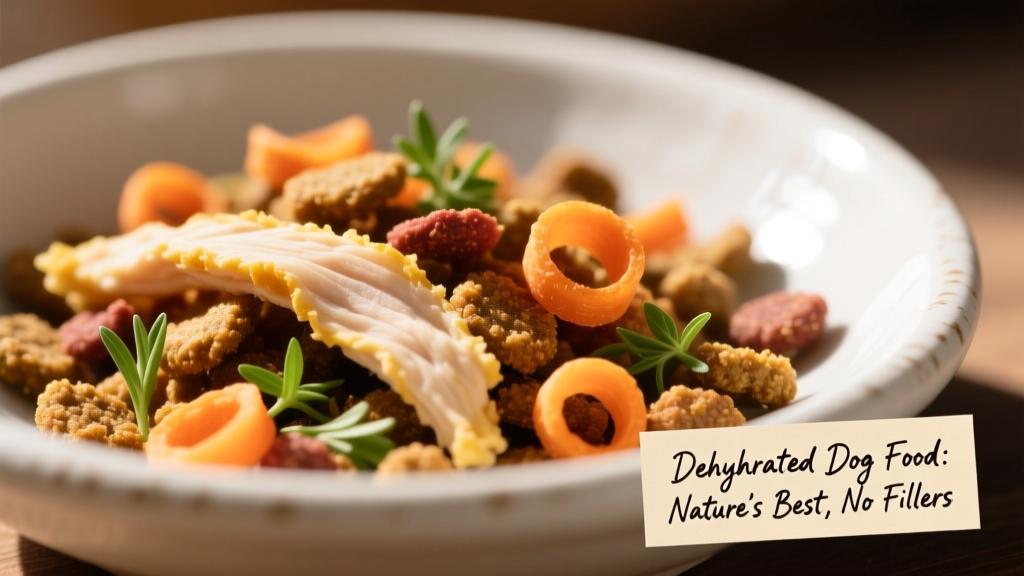 Close-up of vibrant, colorful dehydrated dog food flakes—dried chicken, carrots, and herbs—spread across a clean ceramic bowl