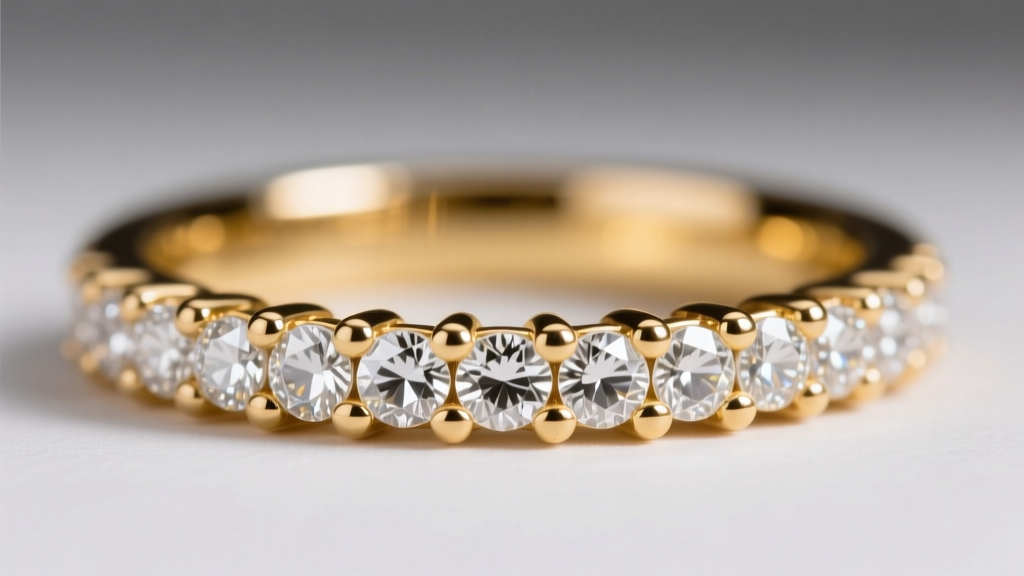 Close-up of a 14k gold pavé band showing rounded prongs securing melee diamonds without overlapping gemstone edges.