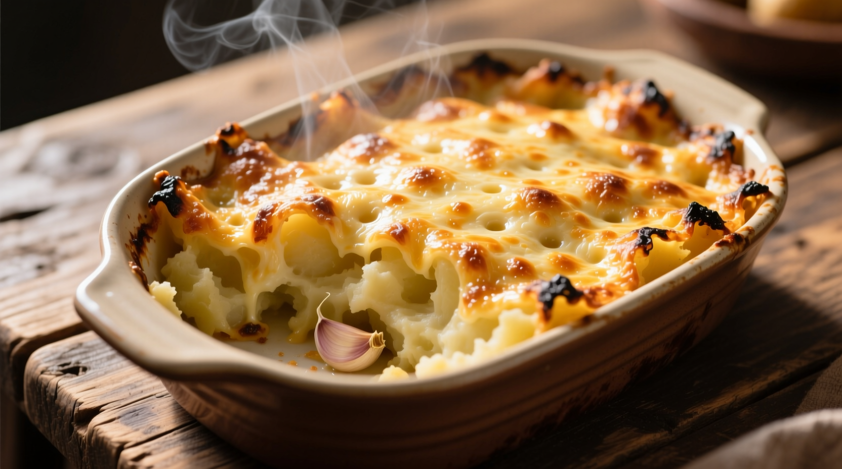 Golden brown mashed potato casserole with cheese crust