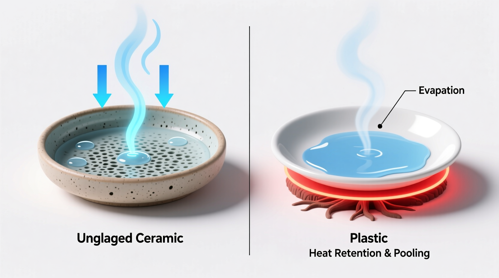 Side-by-side cross-section diagram showing water behavior under unglazed ceramic saucer (evaporation visible as upward vapor arrows) versus plastic saucer (water pooling, no vapor movement, warm red thermal halo around root zone)
