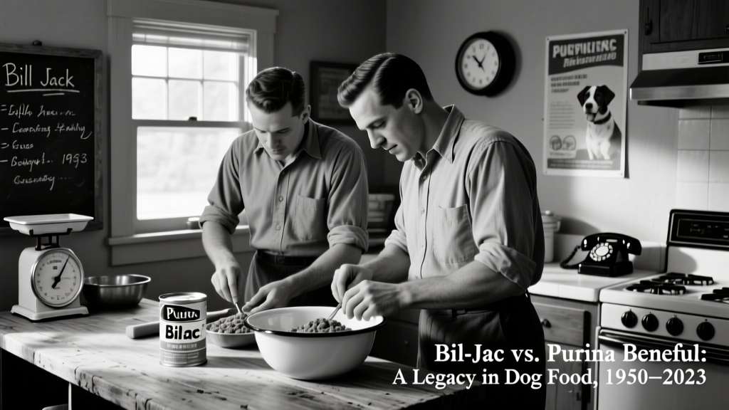 Historic black-and-white photo of Bill and Jack Kelly preparing dog food in a small kitchen, circa 1950s