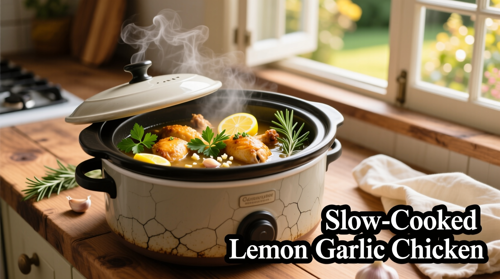 Slow cooker with lemon garlic chicken and fresh herbs