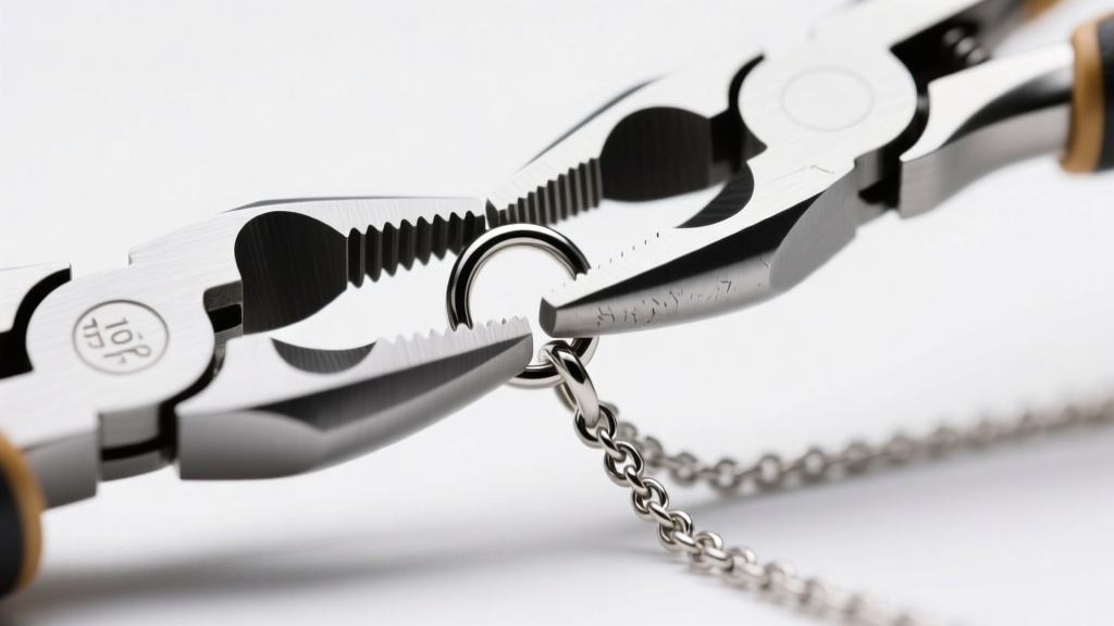Macro shot of pliers closing an 18-gauge silver jump ring that connects a heavy prince sign necklace chain to the pendant bail