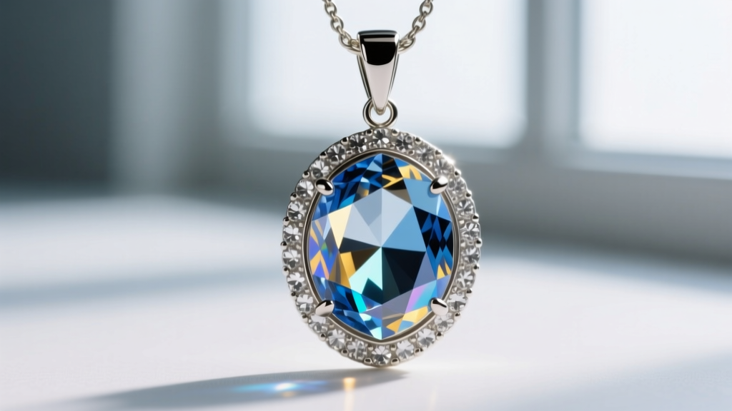 Macro shot of a foiled Austrian crystal pendant showing silver foil reflection and prong setting typical of 90s costume jewelry