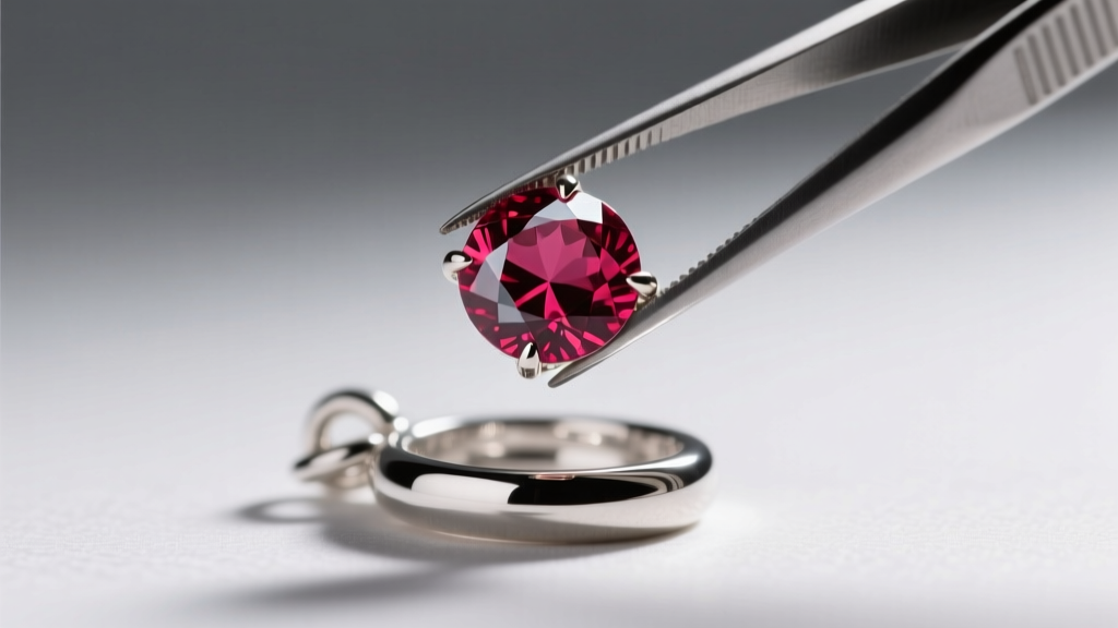 Tweezers holding a faceted synthetic ruby birthstone above a silver charm bezel, lit by a bright overhead jeweler's bench lamp.